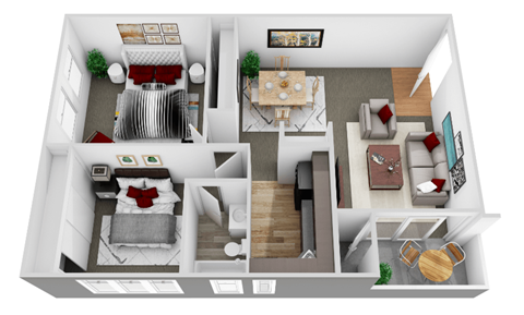 Floor plan for 2 beds, 1 bath, 910 sqft